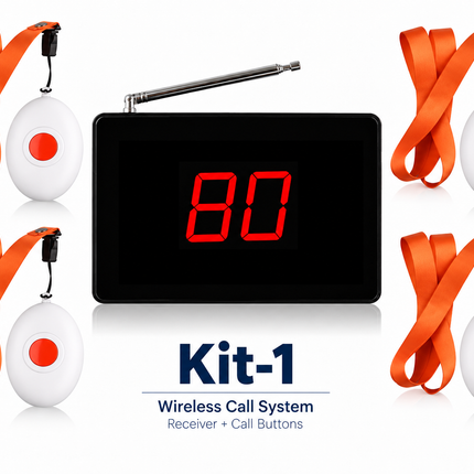 A wireless call system kit with a black rectangular receiver displaying red '80' numerals, surrounded by four white call buttons with orange lanyards. The text 'Kit-1 Wireless Call System Receiver + Call Buttons' is printed below on a white background.