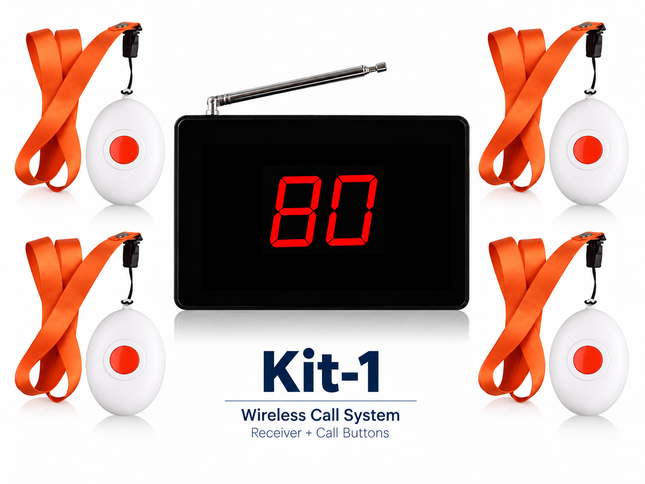 A wireless call system kit with a black rectangular receiver displaying red '80' numerals, surrounded by four white call buttons with orange lanyards. The text 'Kit-1 Wireless Call System Receiver + Call Buttons' is printed below on a white background.