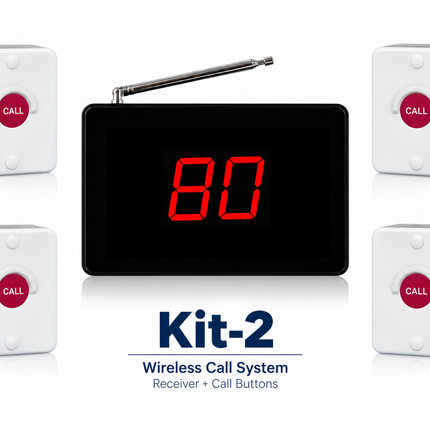 A wireless call system kit with a central black receiver displaying red '80' and four white call buttons around it on a white background, with text reading 'Kit-2 Wireless Call System Receiver + Call Buttons'.