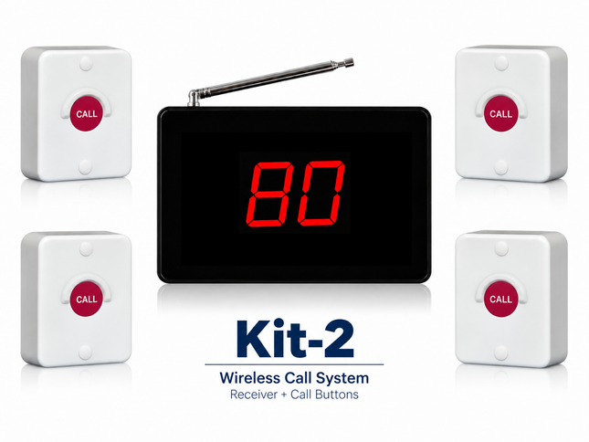 A wireless call system kit with a central black receiver displaying red '80' and four white call buttons around it on a white background, with text reading 'Kit-2 Wireless Call System Receiver + Call Buttons'.