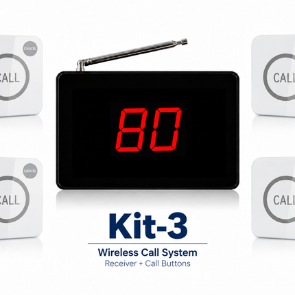 A wireless call system kit with one central black receiver displaying a red digital '80' and four white call buttons around it on a light gray background. Text below reads 'Kit-3 Wireless Call System Receiver + Call Buttons'.