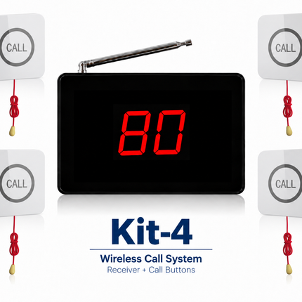 A wireless call system kit with a central black digital receiver displaying red '80' and four matching white call buttons with red cords, labeled 'Kit-4 Wireless Call System Receiver + Call Buttons' on a white background.
