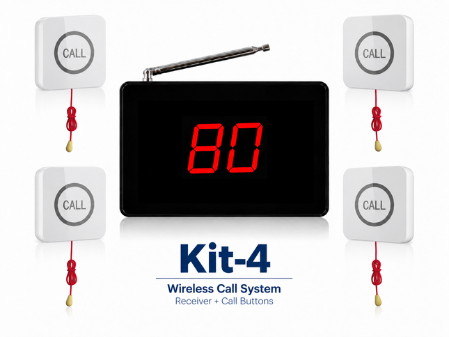 A wireless call system kit with a central black digital receiver displaying red '80' and four matching white call buttons with red cords, labeled 'Kit-4 Wireless Call System Receiver + Call Buttons' on a white background.