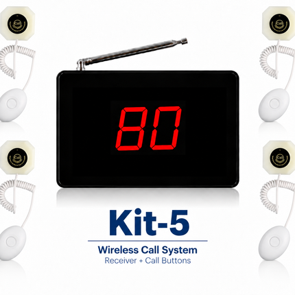 A wireless call system kit labeled 'Kit-5 Wireless Call System Receiver + Call Buttons' on a white background. The main product is a black rectangular receiver with a red LED display showing '80' and a small antenna, surrounded by four white call buttons with coiled cords and beige round modules.