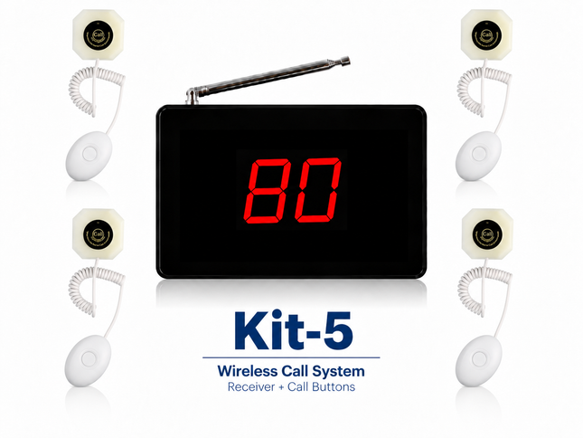 A wireless call system kit labeled 'Kit-5 Wireless Call System Receiver + Call Buttons' on a white background. The main product is a black rectangular receiver with a red LED display showing '80' and a small antenna, surrounded by four white call buttons with coiled cords and beige round modules.