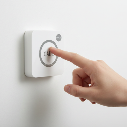 Close-up of hand about to press call bell button