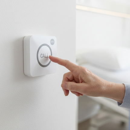 Elderly person pressing call bell button
