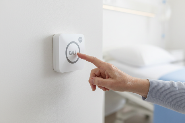 Elderly person pressing call bell button