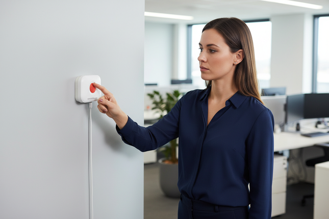 Female worker pressing QA-LWA alarm