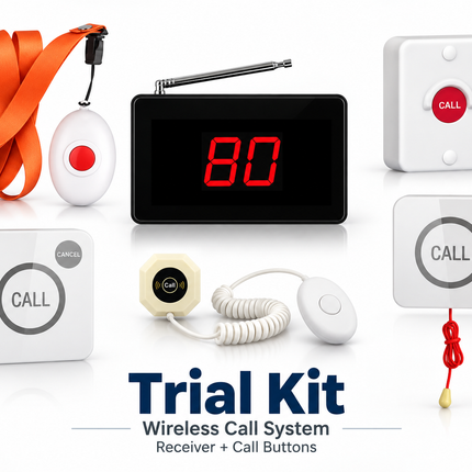 Wireless call system trial kit with a digital receiver showing red '80', white call buttons, a coiled receiver cord, and an orange lanyard on a white background with the text 'Trial Kit Wireless Call System Receiver + Call Buttons'.