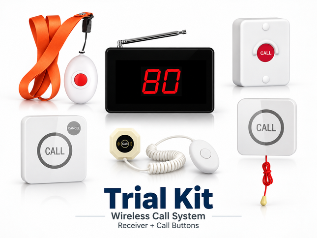 Wireless call system trial kit with a digital receiver showing red '80', white call buttons, a coiled receiver cord, and an orange lanyard on a white background with the text 'Trial Kit Wireless Call System Receiver + Call Buttons'.